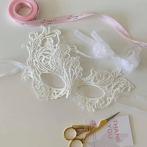 2 Pack White and Silver Women&#39;s Lace Mask perfect for masquerade ball, party, halloween, hen dos, prom, hand strung organza ribbon