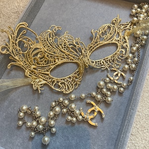 Swarovski Crystal and Pearl Gold Women&#39;s Lace Mask perfect for masquerade ball, party, halloween, hen dos, prom, hand strung organza ribbon