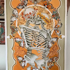 May include: A watercolor painting of two skeletons embracing, surrounded by colorful butterflies. The skeletons are adorned with flowers and leaves, creating a romantic and whimsical scene.