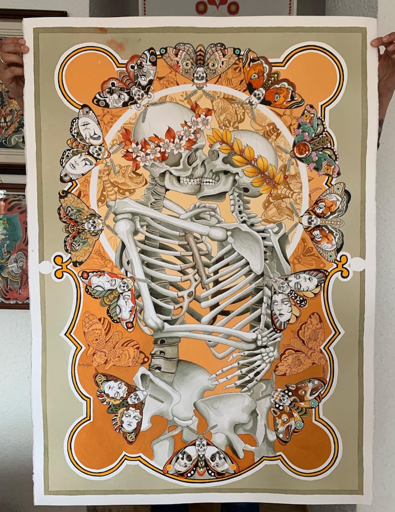 May include: A watercolor painting of two skeletons embracing, surrounded by colorful butterflies. The skeletons are adorned with flowers and leaves, creating a romantic and whimsical scene.