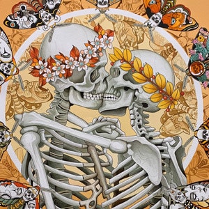 May include: A digital painting of two skeletons embracing, adorned with floral crowns and surrounded by intricate butterfly designs. The skeletons are depicted in a romantic pose, with their hands clasped together. The background features a variety of butterflies in various colors and patterns, creating a whimsical and ethereal atmosphere.