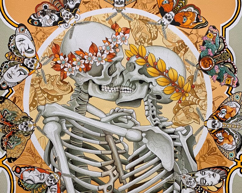 May include: A digital painting of two skeletons embracing, adorned with floral crowns and surrounded by intricate butterfly designs. The skeletons are depicted in a romantic pose, with their hands clasped together. The background features a variety of butterflies in various colors and patterns, creating a whimsical and ethereal atmosphere.