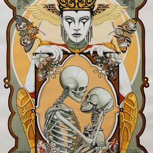 May include: A watercolor painting of a crowned woman with wings, holding a frame with two skeletons embracing. The frame is surrounded by moths and skulls. The background is a light green and yellow.