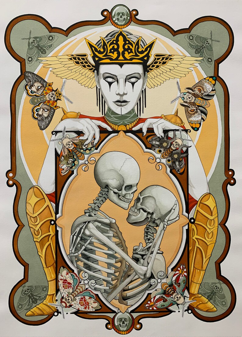 May include: A watercolor painting of a crowned woman with wings, holding a frame with two skeletons embracing. The frame is surrounded by moths and skulls. The background is a light green and yellow.