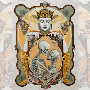 May include: A watercolor painting of a winged figure with a crown, holding a frame with two skeletons embracing inside. The frame is surrounded by ornate details and butterflies.