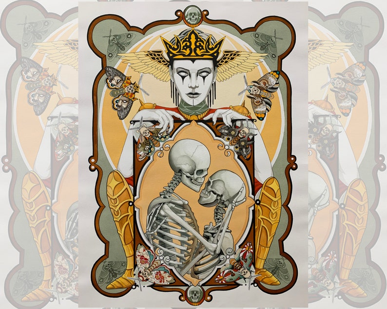 May include: A watercolor painting of a winged figure with a crown, holding a frame with two skeletons embracing inside. The frame is surrounded by ornate details and butterflies.