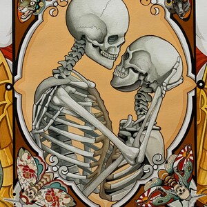 May include: A painting of two skeletons embracing, with intricate details and a vintage aesthetic. The skeletons are surrounded by floral and insect motifs, creating a unique and symbolic artwork.
