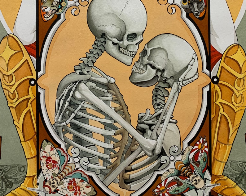 May include: A painting of two skeletons embracing, with intricate details and a vintage aesthetic. The skeletons are surrounded by floral and insect motifs, creating a unique and symbolic artwork.