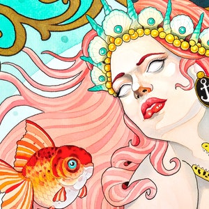 May include: Watercolor illustration of a woman with pink hair, a seashell crown, and an anchor earring. A goldfish and a yellow spotted eel are also featured. The artwork has a fantasy theme with a mermaid-like aesthetic, using a vibrant color palette.