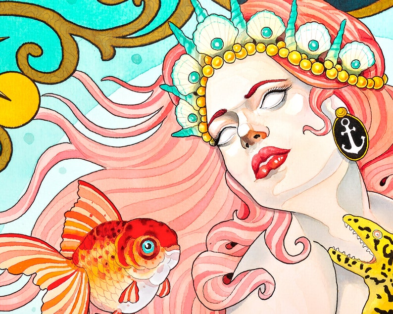 May include: Watercolor illustration of a woman with pink hair, a seashell crown, and an anchor earring. A goldfish and a yellow spotted eel are also featured. The artwork has a fantasy theme with a mermaid-like aesthetic, using a vibrant color palette.