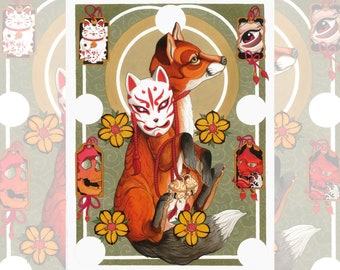 May include: A colorful illustration of a fox wearing a kitsune mask, surrounded by Japanese-inspired charms and flowers. The fox is depicted in a sitting position with its tail curled around its body. The charms are in the shape of a cat, an eye, a skull, and a demon mask. The flowers are yellow and have five petals.