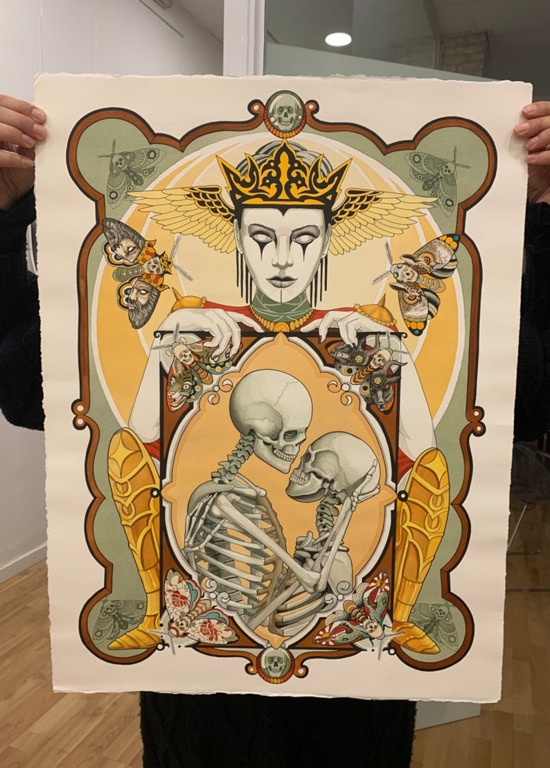 May include: A watercolor painting of a skeletal couple embracing within a golden frame. The couple is surrounded by moths and other insects. A crowned figure with wings and a painted face looks down at the couple.
