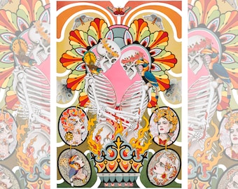May include: A colorful illustration of two skeletons embracing, surrounded by flowers, butterflies, and birds. The skeletons are adorned with floral crowns and are holding hands. The background is a vibrant mix of orange, yellow, and pink.