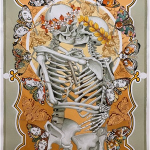 May include: A watercolor painting of two skeletons embracing, surrounded by colorful butterflies. The skeletons are wearing floral crowns and are kissing. The butterflies are arranged in a circle around the skeletons.