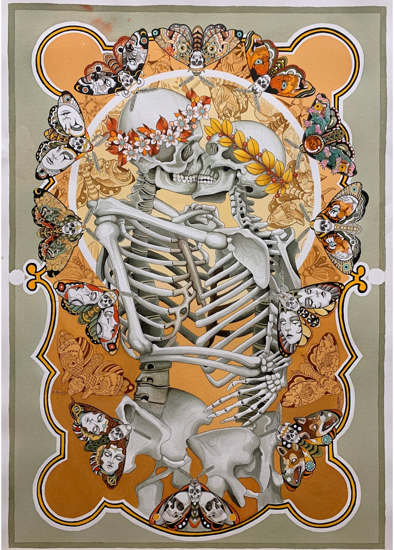 May include: A watercolor painting of two skeletons embracing, surrounded by colorful butterflies. The skeletons are wearing floral crowns and are kissing. The butterflies are arranged in a circle around the skeletons.