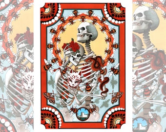 May include: A digital illustration of two skeletons embracing, surrounded by a ring of bees and butterflies. The skeletons are wearing a fox mask and a rose. The background is a light blue with a yellow sun.