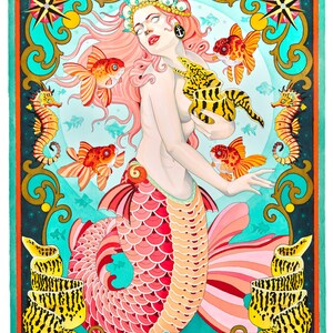 May include: A vibrant illustration of a mermaid with pink hair and a red and pink scaled tail. She is surrounded by goldfish, seahorses, and a yellow and black eel. The artwork has a teal and gold border with nautical elements.