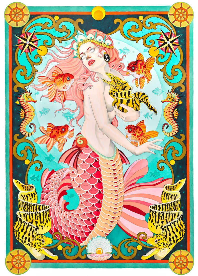 May include: A vibrant illustration of a mermaid with pink hair and a red and pink scaled tail. She is surrounded by goldfish, seahorses, and a yellow and black eel. The artwork has a teal and gold border with nautical elements.