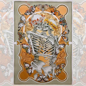 May include: A watercolor painting of two skeletons embracing, surrounded by butterflies and floral details. The skeletons are adorned with flowers and leaves, creating a romantic and whimsical scene.