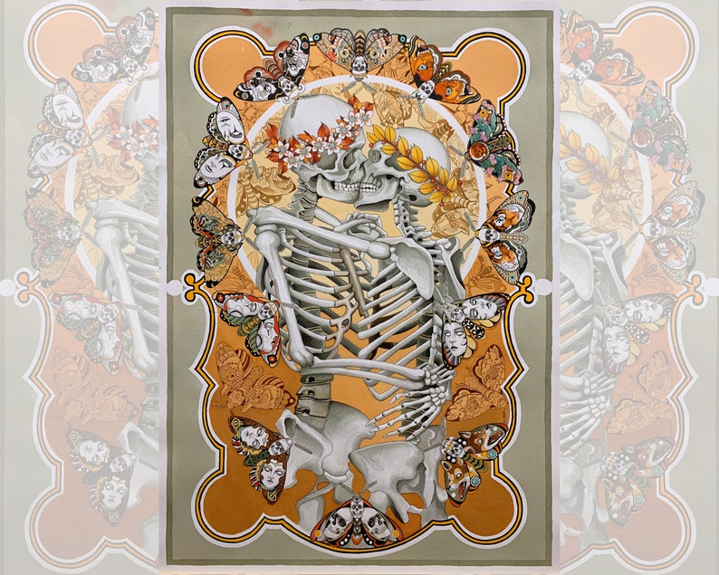 May include: A watercolor painting of two skeletons embracing, surrounded by butterflies and floral details. The skeletons are adorned with flowers and leaves, creating a romantic and whimsical scene.