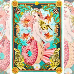 May include: Watercolor illustration of a mermaid with pink hair and a coral-colored tail, surrounded by goldfish and seahorses. The mermaid holds a yellow and black striped eel. The artwork has a teal and gold border with nautical elements.