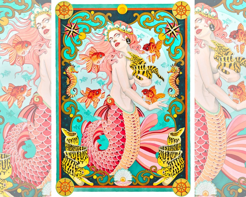 May include: Watercolor illustration of a mermaid with pink hair and a coral-colored tail, surrounded by goldfish and seahorses. The mermaid holds a yellow and black striped eel. The artwork has a teal and gold border with nautical elements.