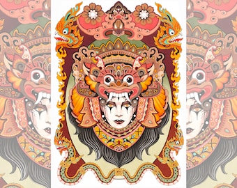May include: A colorful illustration of a mythical creature with a fierce expression. The creature is wearing a decorative headdress and has large, round eyes. The background is filled with intricate patterns and designs.