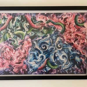 Kanoodles - 20 x 30 - Dragons in love one of a kind are work - green and pink - cosmo & wanda style