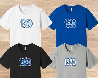 May include: Four short-sleeved t-shirts in white, blue, black, and gray. Each shirt features the number "1920" in a blue and white design on the front. The shirts are displayed on a light brown wooden surface.