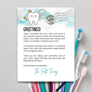 May include: A whimsical Tooth Fairy letter with a cartoon tooth character wearing a crown and holding a star wand. The letter includes the text "GREETINGS!" and a message about a lost tooth. A Tooth Fairy air mail stamp is also visible.