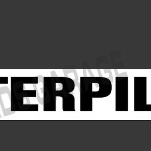 May include: The Caterpillar logo, featuring the brand name in bold, black capital letters. The letter "A" is partially obscured by a yellow and black graphic. The logo is set against a white rectangle, with a dark gray background.