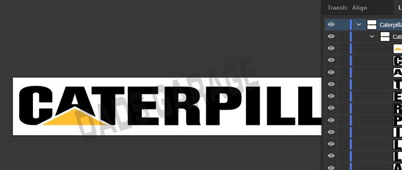 May include: The Caterpillar logo, featuring the brand name in bold, black capital letters. The letter "A" is partially obscured by a yellow and black graphic. The logo is set against a white rectangle, with a dark gray background.