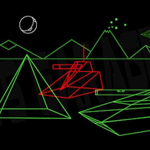 May include: A digital illustration of a futuristic landscape with green mountains, a red and green spaceship, and a green UFO. The scene is set against a black background with a white moon.