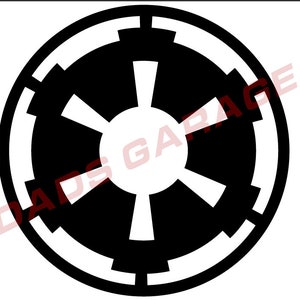 May include: Black and white symbol of the Galactic Empire from Star Wars. The symbol is a circle with a cross in the center and four smaller circles around the cross.