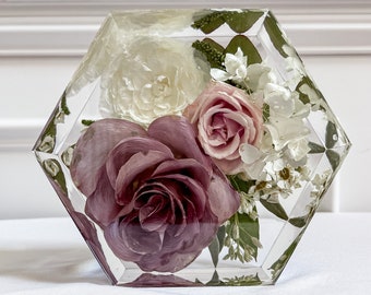 Wedding Floral Preservation 5” Hexagon | Resin Floral Preservation | Bridal Wedding Bouquet Flower Preservation | Resin Floral Block