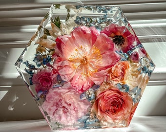 Wedding Floral Preservation 9” Hexagon | Resin Floral Preservation | Bridal Wedding Bouquet Flower Preservation | Resin Floral Block