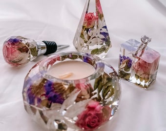 Wedding Floral Preservation | Dried Floral Preservation | Custom Floral Wine Stopper | Faceted Tea light Holder | Floral Ring Holder