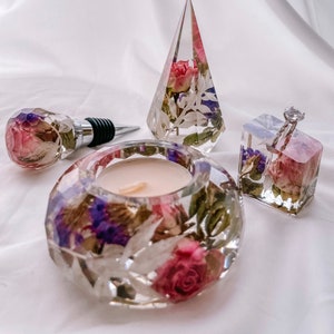 Wedding Floral Preservation | Dried Floral Preservation | Custom Floral Wine Stopper | Faceted Tea light Holder | Floral Ring Holder