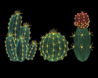 May include: An embroidery design featuring three distinct cactus plants on a black background. The left cluster has four columnar cacti, the center is a round barrel cactus, and the right is a tall cactus topped with a red flower, all with yellow spines.