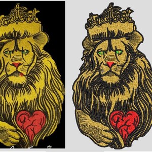 May include: An embroidered patch featuring a lion wearing a crown. The lion has golden fur, green eyes, and a red nose. A red heart with visible veins is positioned on the lion's chest. The design uses black thread for outlines and shading.