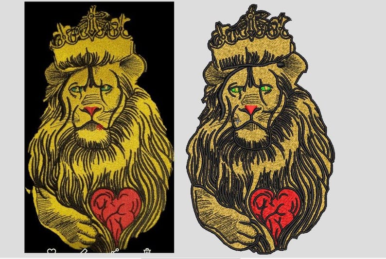 May include: An embroidered patch featuring a lion wearing a crown. The lion has golden fur, green eyes, and a red nose. A red heart with visible veins is positioned on the lion's chest. The design uses black thread for outlines and shading.