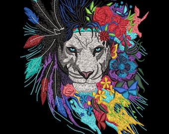 May include: Embroidered lion head with a Native American headdress on the left side and a floral arrangement on the right. The lion has blue eyes and a pink nose. The headdress features colorful feathers, while the floral arrangement includes red, blue, yellow, and purple flowers.