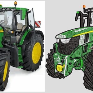 May include: A green John Deere tractor with large black tires featuring yellow rims, a glass cabin, and orange roof lights. The image displays a realistic tractor on the left and an embroidered version of the same tractor on the right.