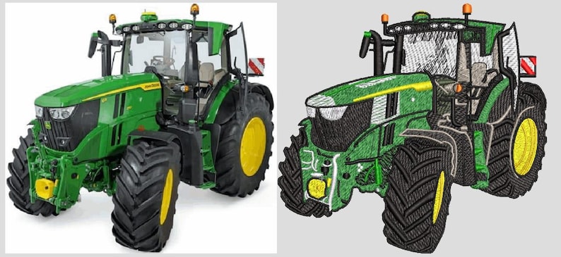 May include: A green John Deere tractor with large black tires featuring yellow rims, a glass cabin, and orange roof lights. The image displays a realistic tractor on the left and an embroidered version of the same tractor on the right.