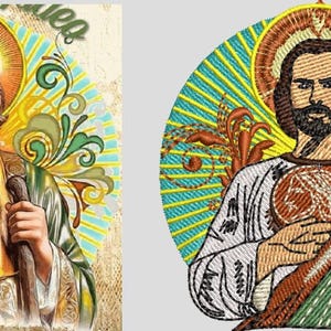 May include: A circular graphic design featuring a bearded figure with a halo, holding a staff and a circular emblem. The artwork displays vibrant green, orange, and yellow rays in the background with intricate floral patterns on both sides.