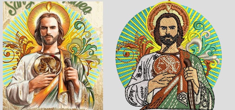 May include: A circular graphic design featuring a bearded figure with a halo, holding a staff and a circular emblem. The artwork displays vibrant green, orange, and yellow rays in the background with intricate floral patterns on both sides.