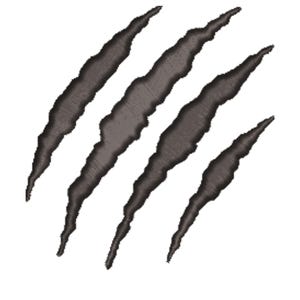 May include: A graphic illustration of four claw marks in a dark grey colour, with a textured appearance. The claw marks are angled and appear to be tearing through a white background.