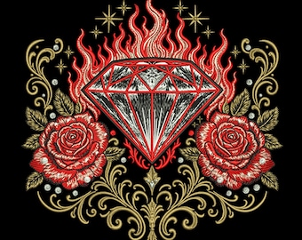May include: An embroidery design on a black background featuring a central diamond outlined in red with white highlights. The diamond is surrounded by red flames, two red roses with gold leaves, and intricate gold filigree scrollwork accents.