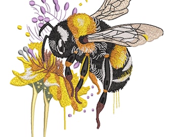 May include: Embroidered design of a bumblebee with yellow and black stripes, wings, and legs, hovering near a yellow flower. The bee is detailed with various shades of yellow, black, and brown. Purple accents and gold stamens add to the design.
