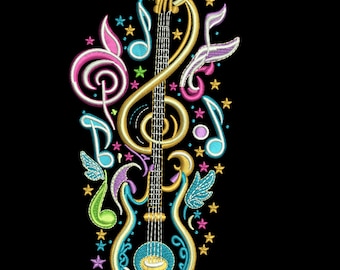 May include: An embroidery design featuring a blue electric guitar integrated with a large gold treble clef. The composition includes colorful musical notes in pink, light blue, and green, accented by small yellow and purple stars on a black background.